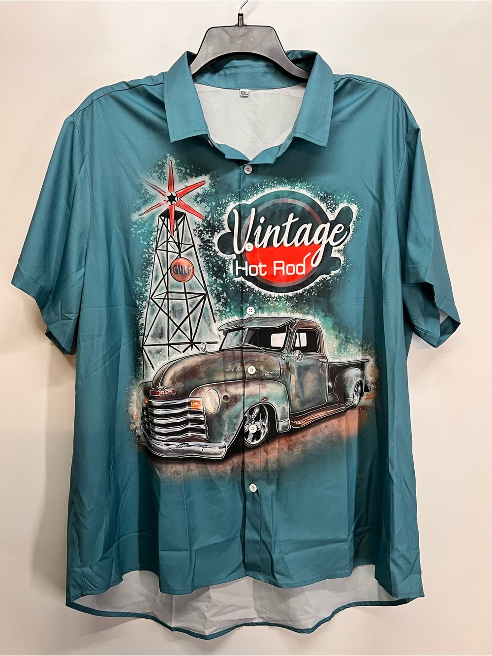 Vintage Hot Rod Graphic Button-Up Shirt - Teal